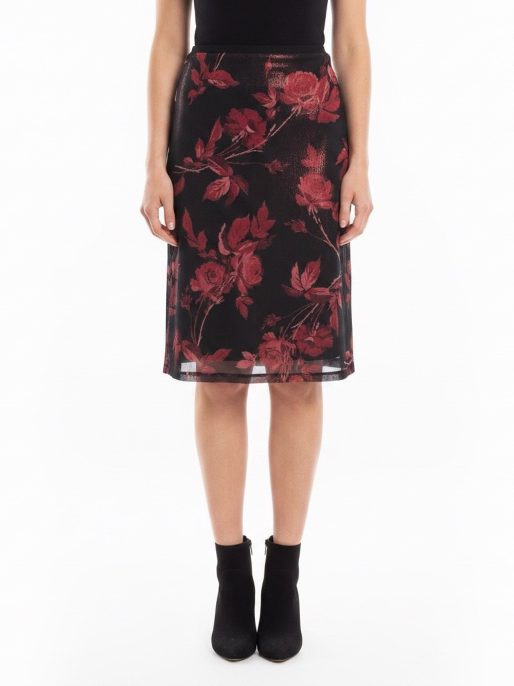 Express Black Midi Skirt with Red Rose 🌹 Floral Overlay